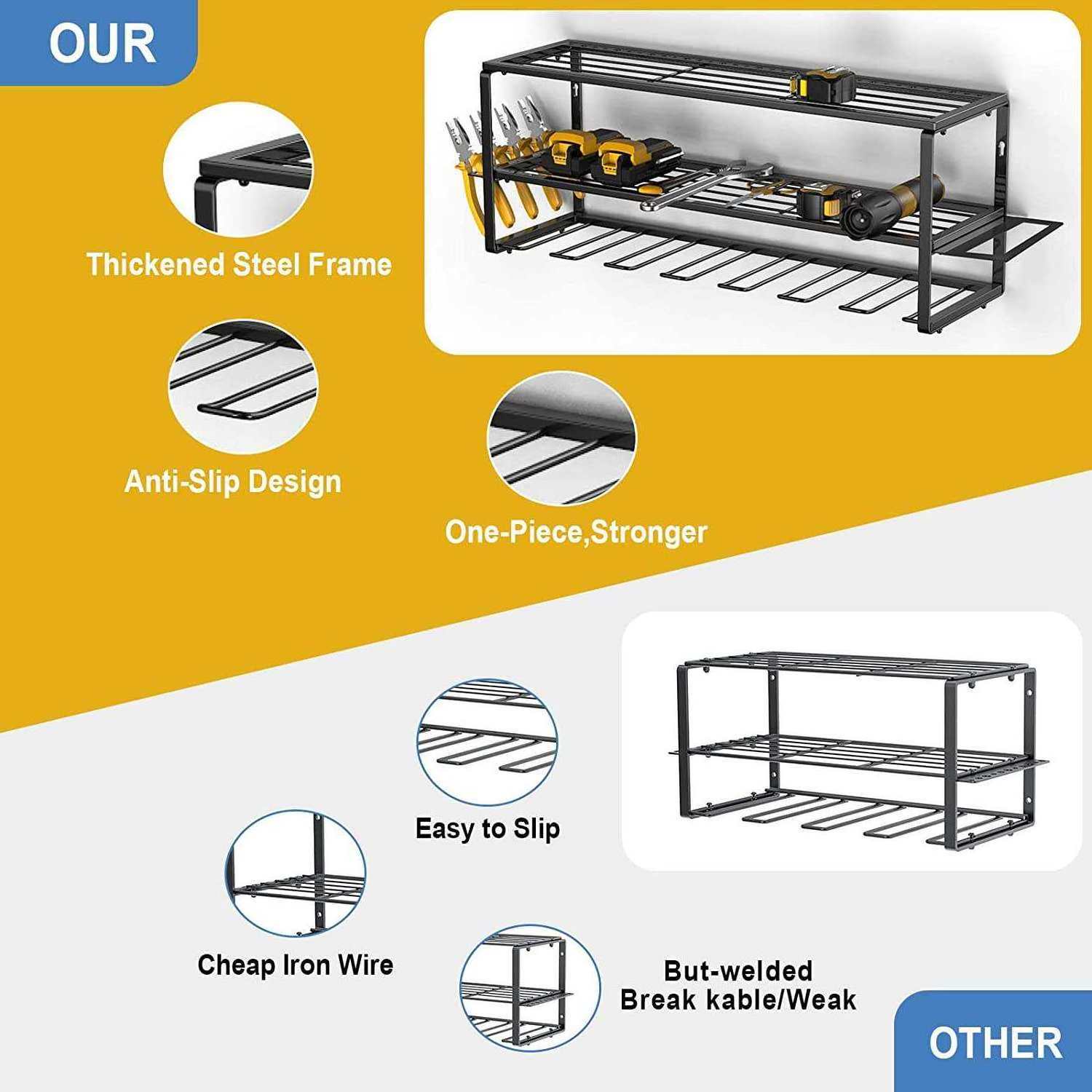 3 Layers Large Capacity Power Tool Organizer with 7 Drill Holders  Garage Heavy Duty Metal Tool Shelf