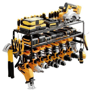 3 Layers Large Capacity Power Tool Organizer with 7 Drill Holders  Garage Heavy Duty Metal Tool Shelf