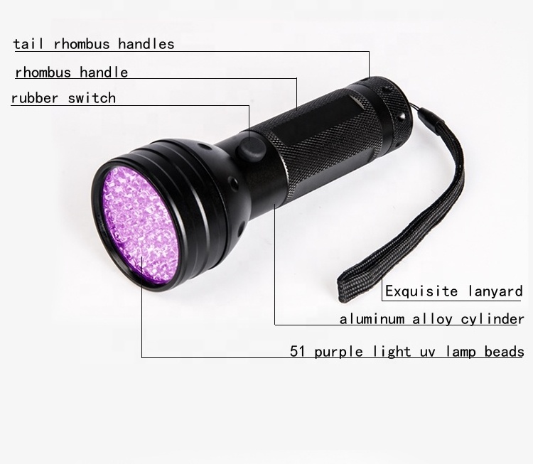 Ultraviolet Led Flashlight for Pet Urine and Cat moss  Detect  Aluminum Industrial UV 390nm-395nm 51 Leds