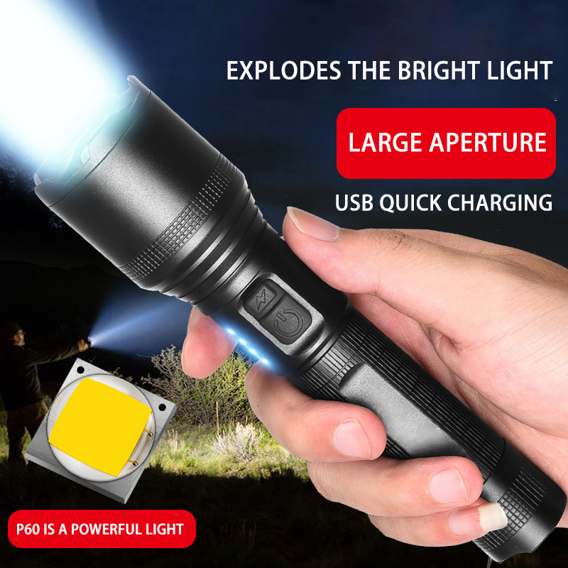 New LED Flashlight Zoomable Type C Rechargeable Power Display Tactical Flashlight P50 High Power Aluminum Alloy Camping 60 80