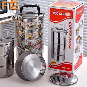 FTS tiffin carrier set stainless steel food containers three layer stackable custom printed logo round lunch box