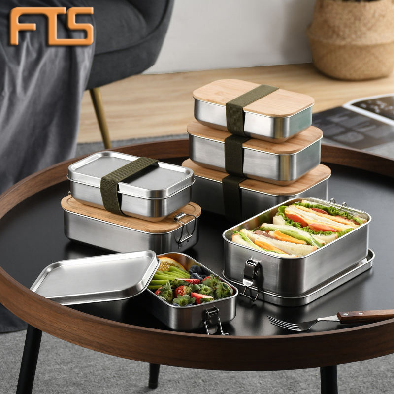 FTS lunch box crisper stackable 304 stainless steel storage with bamboo lid set air tight wholesale food container