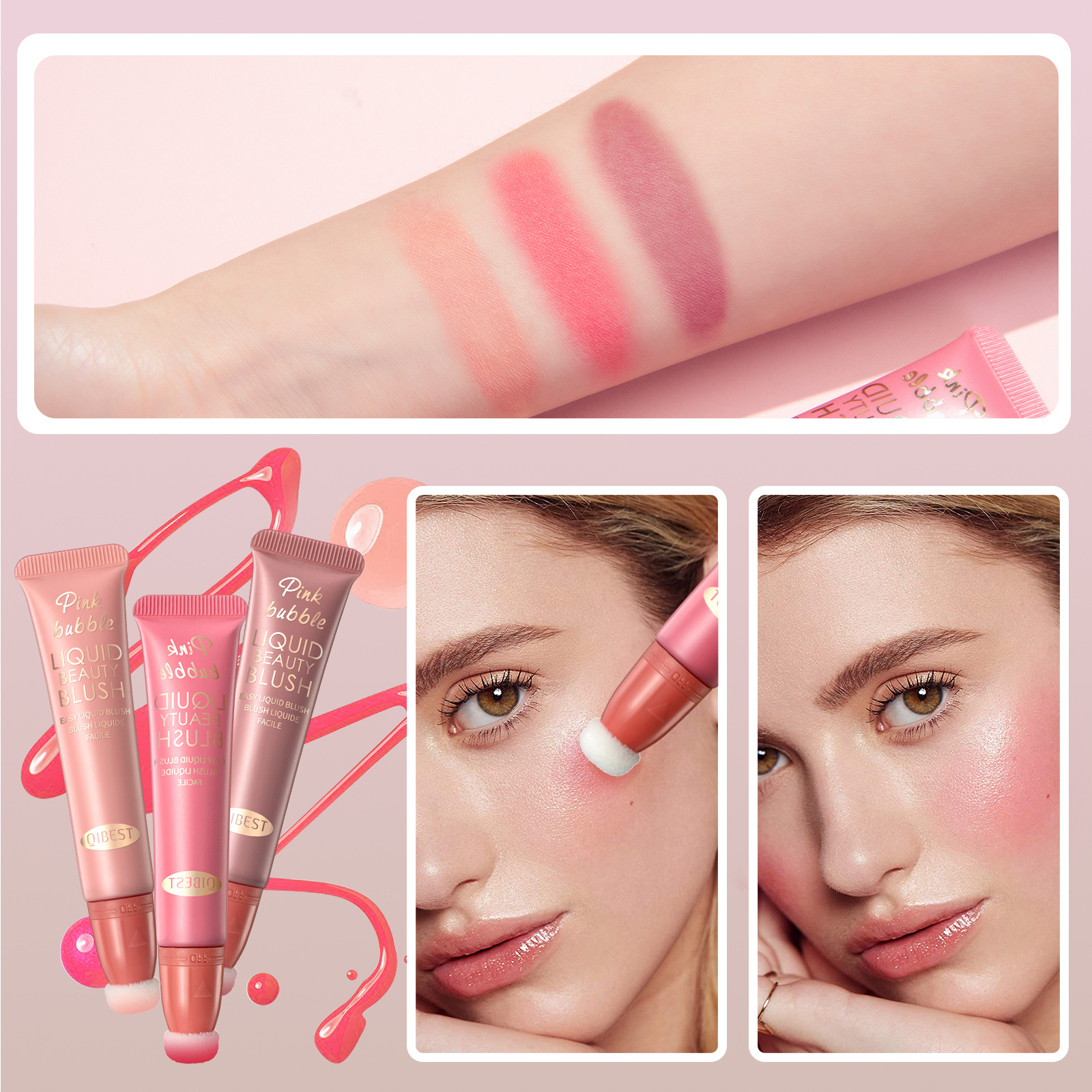 QIBEST Blush Stick Cream Liquid Blush with Cushion Applicator for Cheeks Blusher Lightweight Makeup Stick Lip Cheek Eye Stick