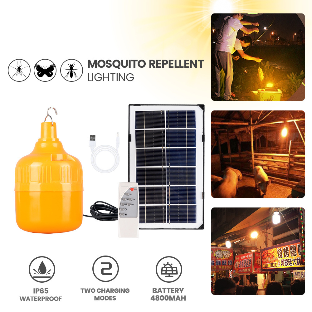 150W USB Rechargeable Solar Panel Mosquito Repellent Lamp Orange Color Mosquito Camping Light Bulb Remote Control Waterproof LED