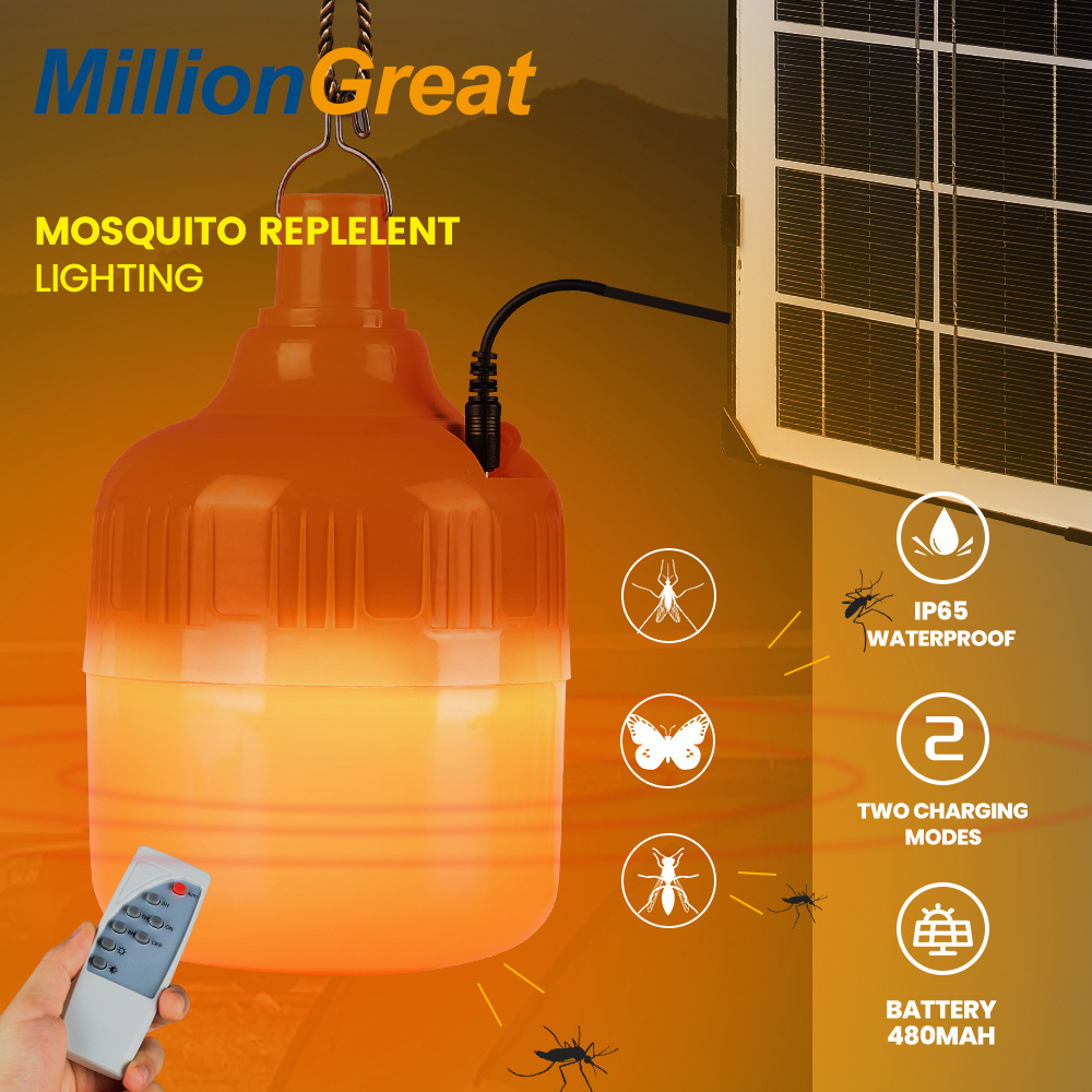 150W USB Rechargeable Solar Panel Mosquito Repellent Lamp Orange Color Mosquito Camping Light Bulb Remote Control Waterproof LED