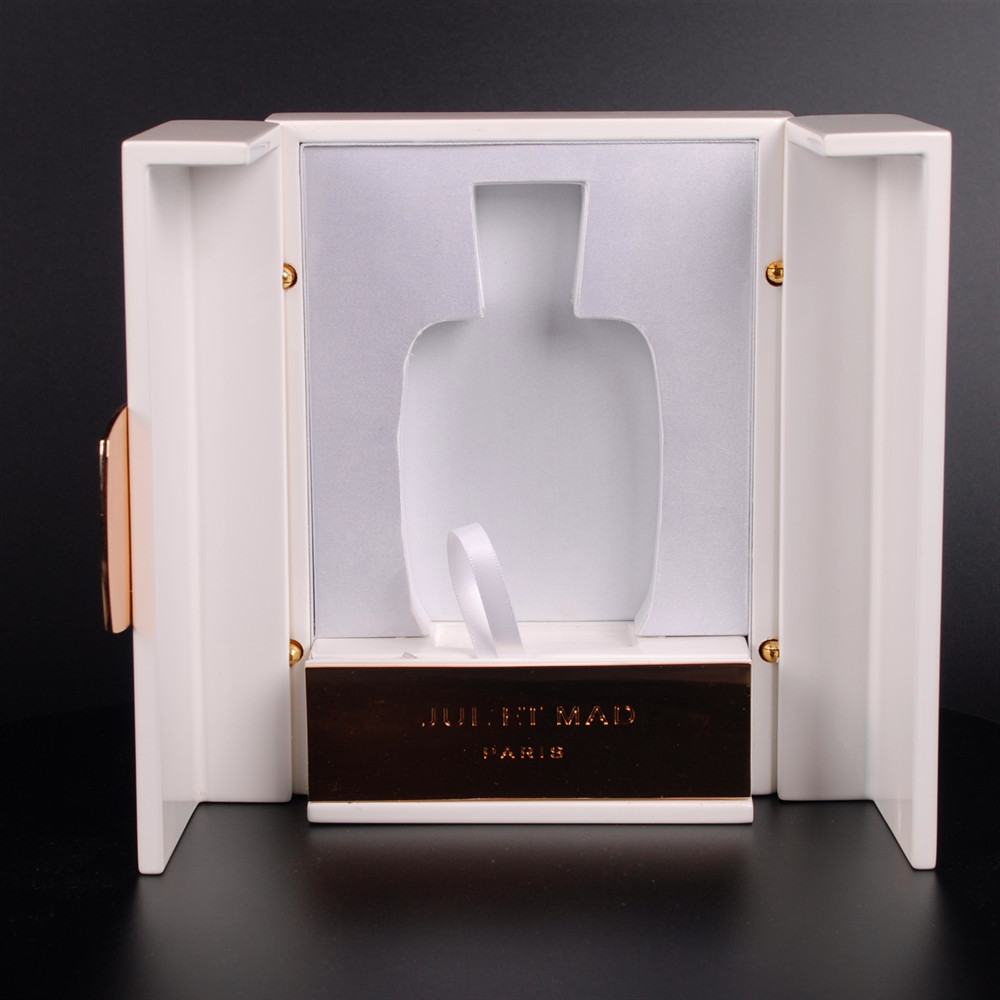 Luxury design white piano lacquer Dubai perfume  packaging  wooden double door perfume gift Display box