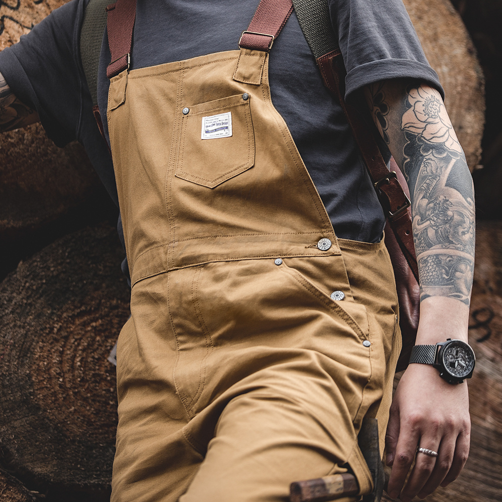 Maden Vintage Khaki Overalls Mens Jumpsuit Cargo Work Pants Baggy Bib Contrast Stitch Denim Stitch Trousers Jeans Brand New