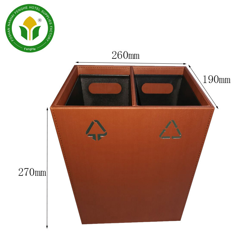 Hotel room double layers 2 compartment leather recycling waste bin waste basket trash can