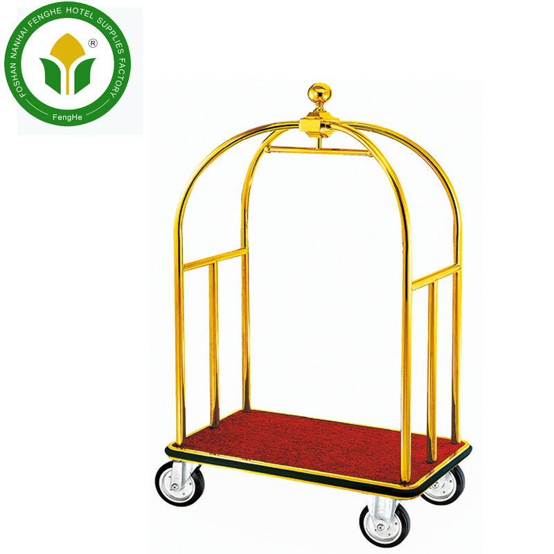 Hotel golden 4 wheels spinner stainless steel bellman trolley luggage cart