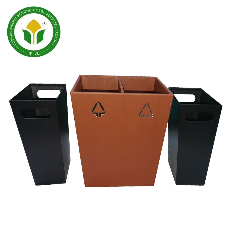 Hotel room double layers 2 compartment leather recycling waste bin waste basket trash can