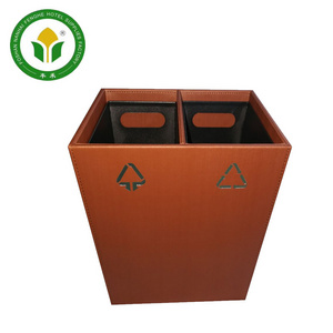 Hotel room double layers 2 compartment leather recycling waste bin waste basket trash can