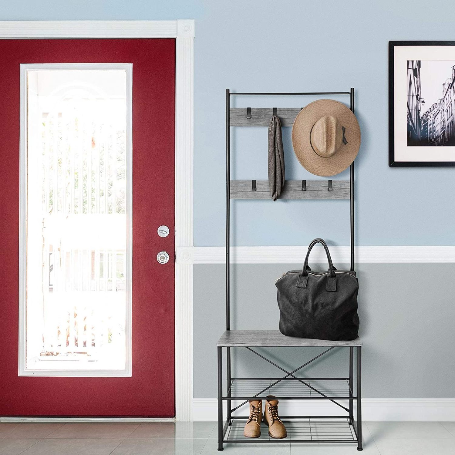 Custom Standing Entryway Wood Coat Racks With Shoe Storage