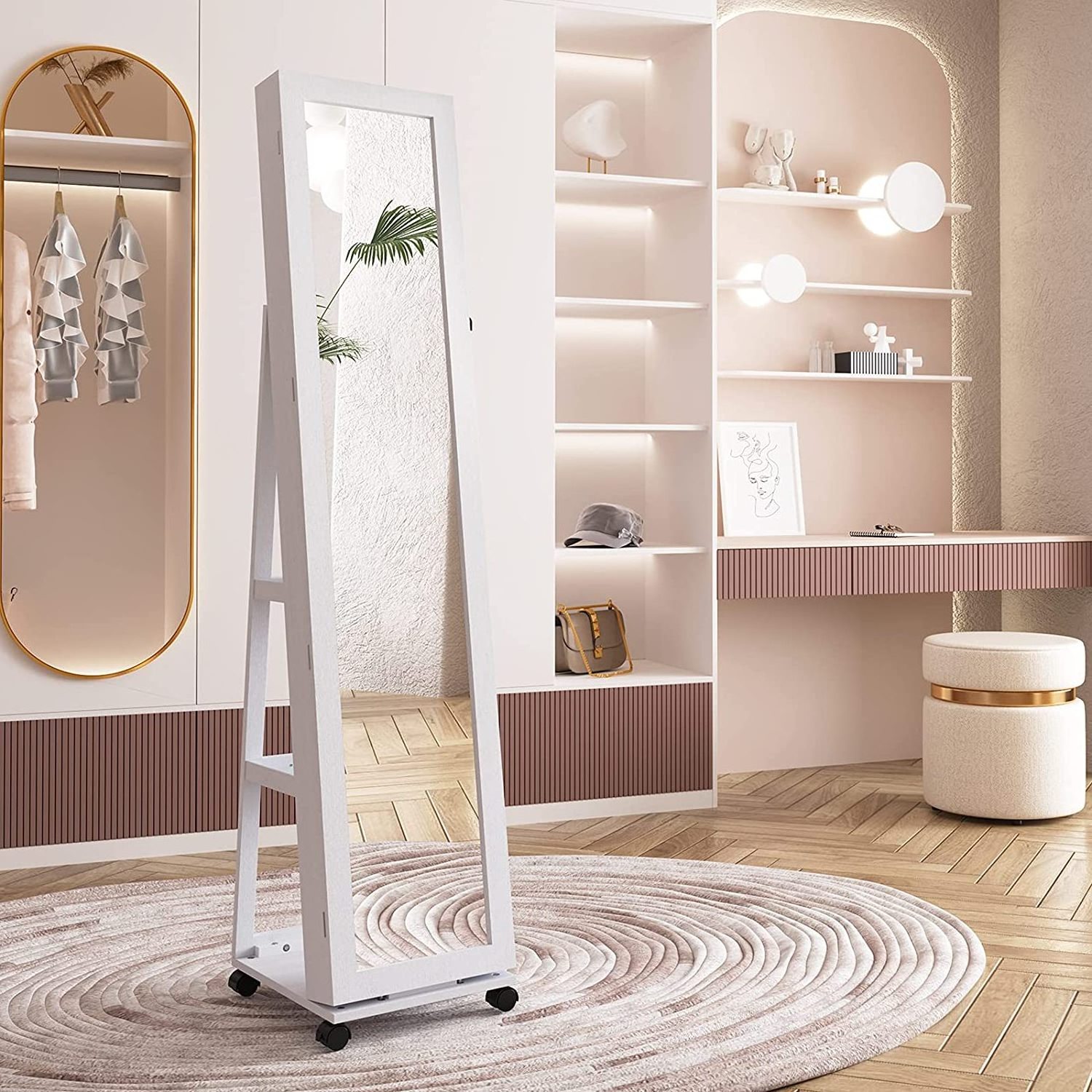 Fenghuang Furniture Customization Rotating Armoire Wooden Full Length Standing Mirror Jewelry Cabinet