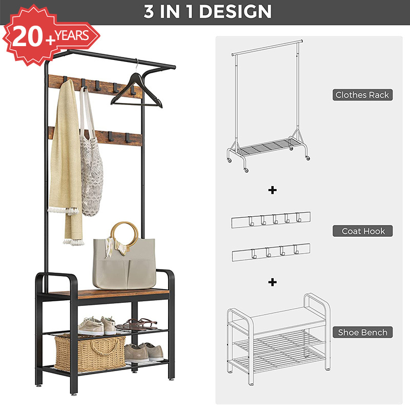 Home Furniture Industrial Brown Hall Tree Modern  Wood And Steel Clothes Rack