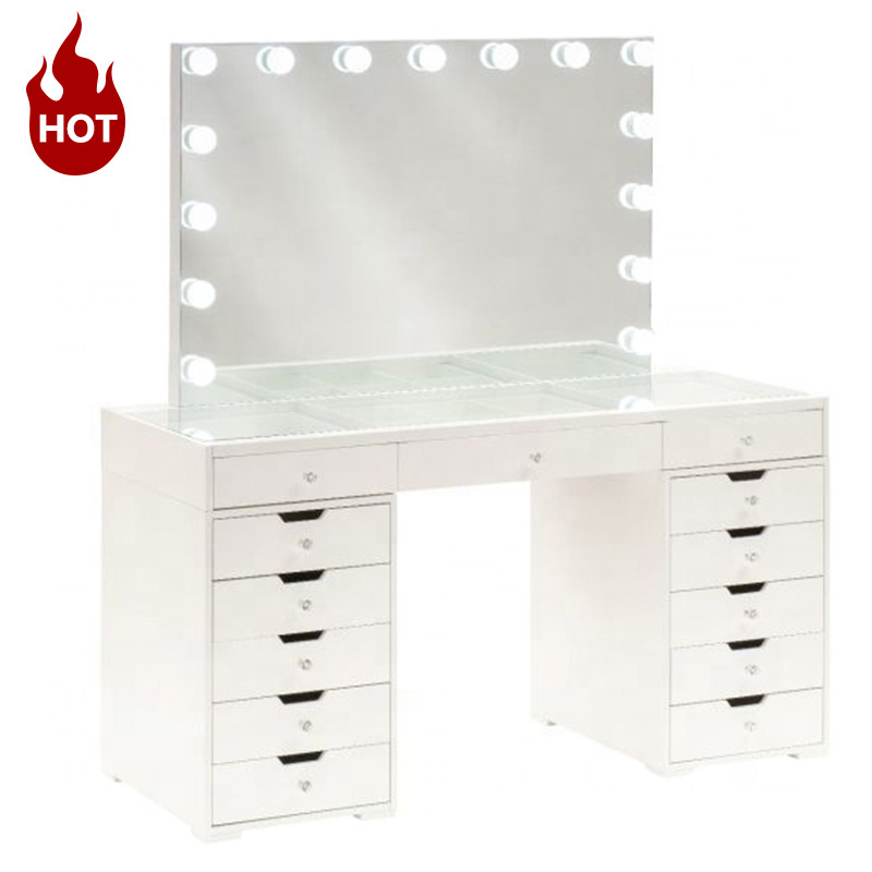 FENGHUANG Hollywood Vanity Makeup Table Led Modern Luxury Gloss Glass Top Ladies Dresser With 13 Drawers