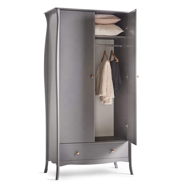 Beautiful wooden wardrobe Grey 2 Door 1 Drawer Wardrobe Clothes bedroom wardrobe with Hanging Rail and Drawer