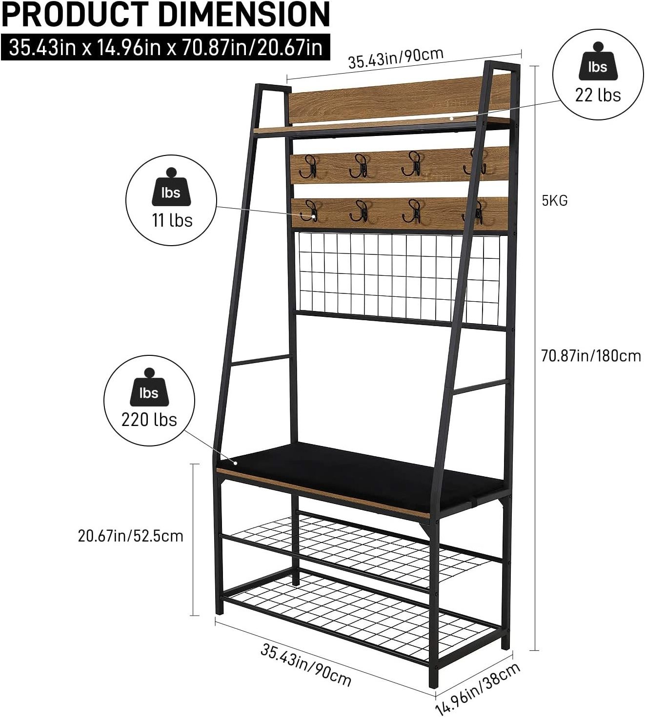 Brown Entryway Bench Industrial Style Wooden Stand Coat Racks With Shoe Storage