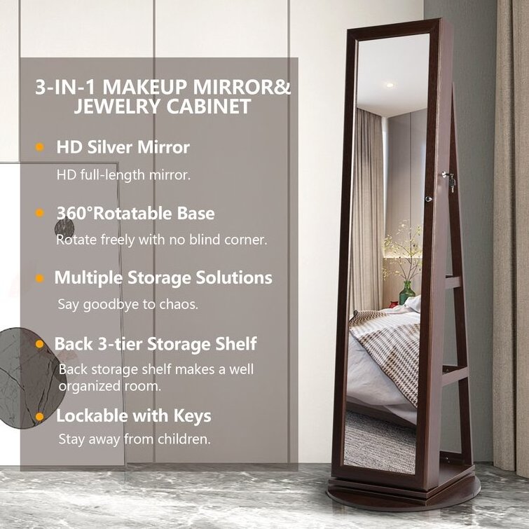 Custom Storage Wood Full Length Dressing Mirror Standing 360 Degree Rotating Jewelry Cabinet