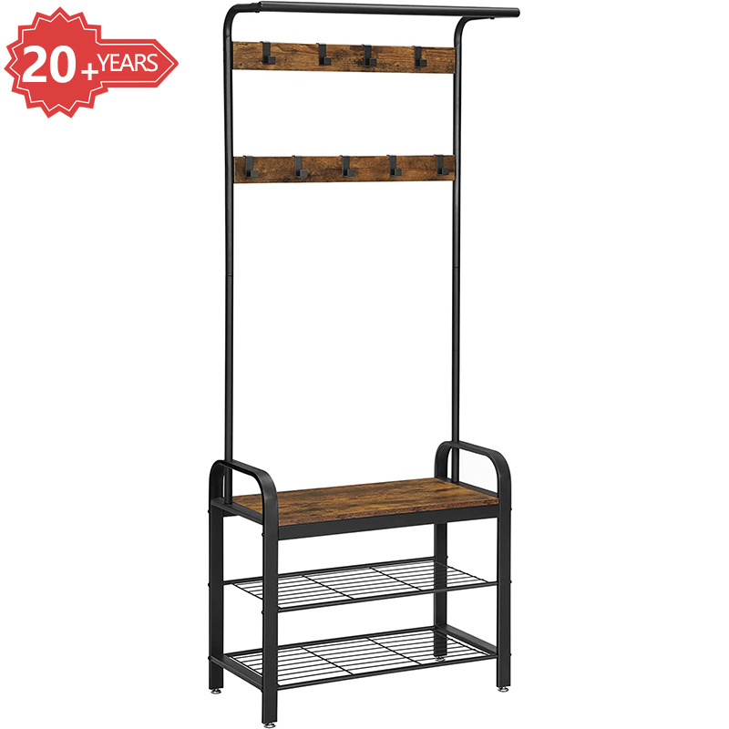 Home Furniture Industrial Brown Hall Tree Modern  Wood And Steel Clothes Rack