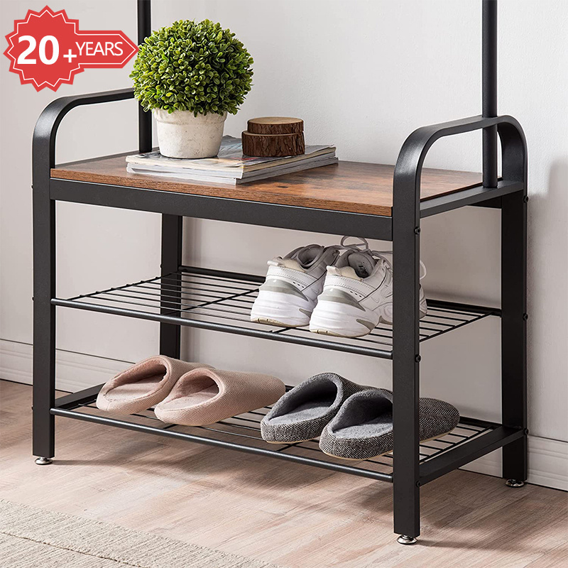 Home Furniture Industrial Brown Hall Tree Modern  Wood And Steel Clothes Rack