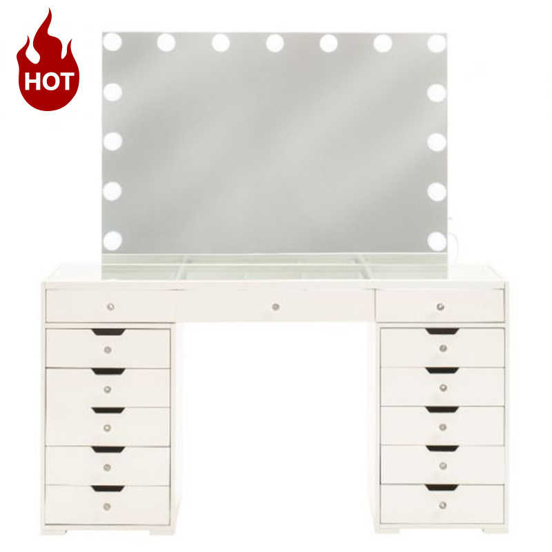 FENGHUANG Hollywood Vanity Makeup Table Led Modern Luxury Gloss Glass Top Ladies Dresser With 13 Drawers