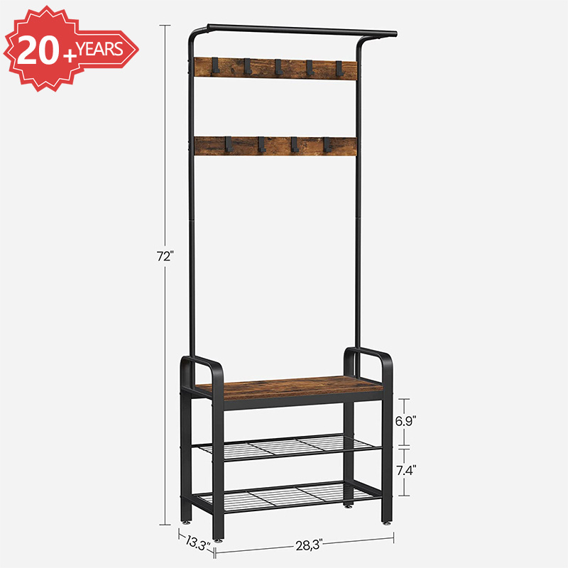 Home Furniture Industrial Brown Hall Tree Modern  Wood And Steel Clothes Rack