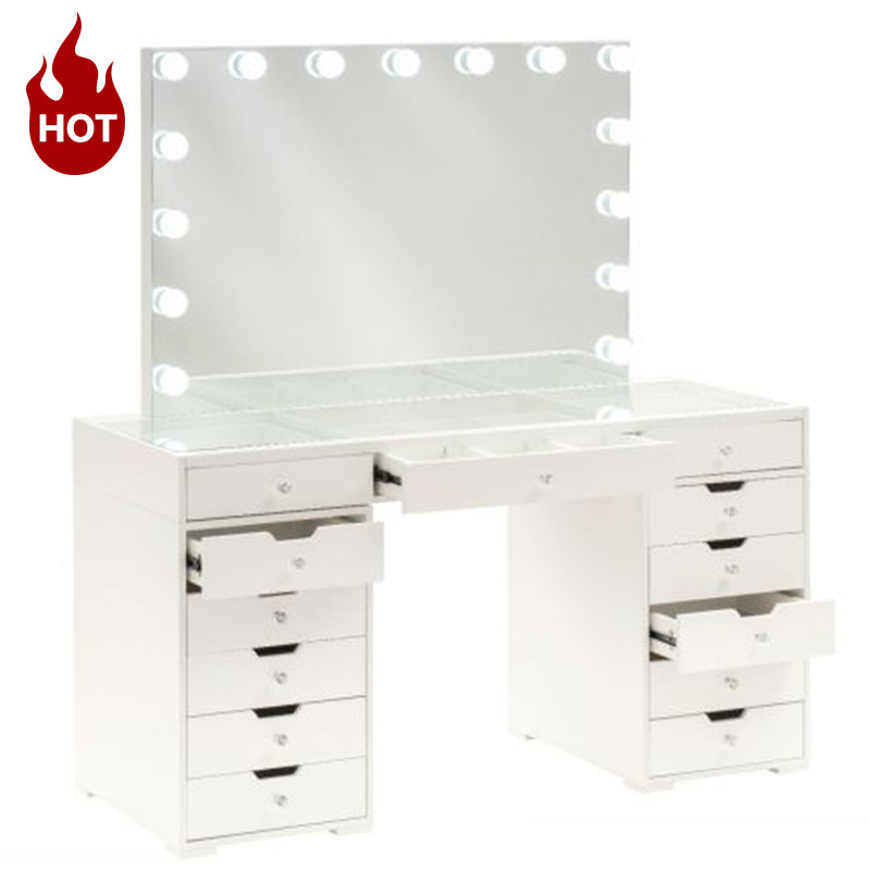 FENGHUANG Hollywood Vanity Makeup Table Led Modern Luxury Gloss Glass Top Ladies Dresser With 13 Drawers