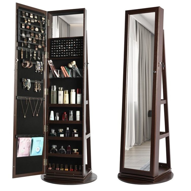 Custom Storage Wood Full Length Dressing Mirror Standing 360 Degree Rotating Jewelry Cabinet