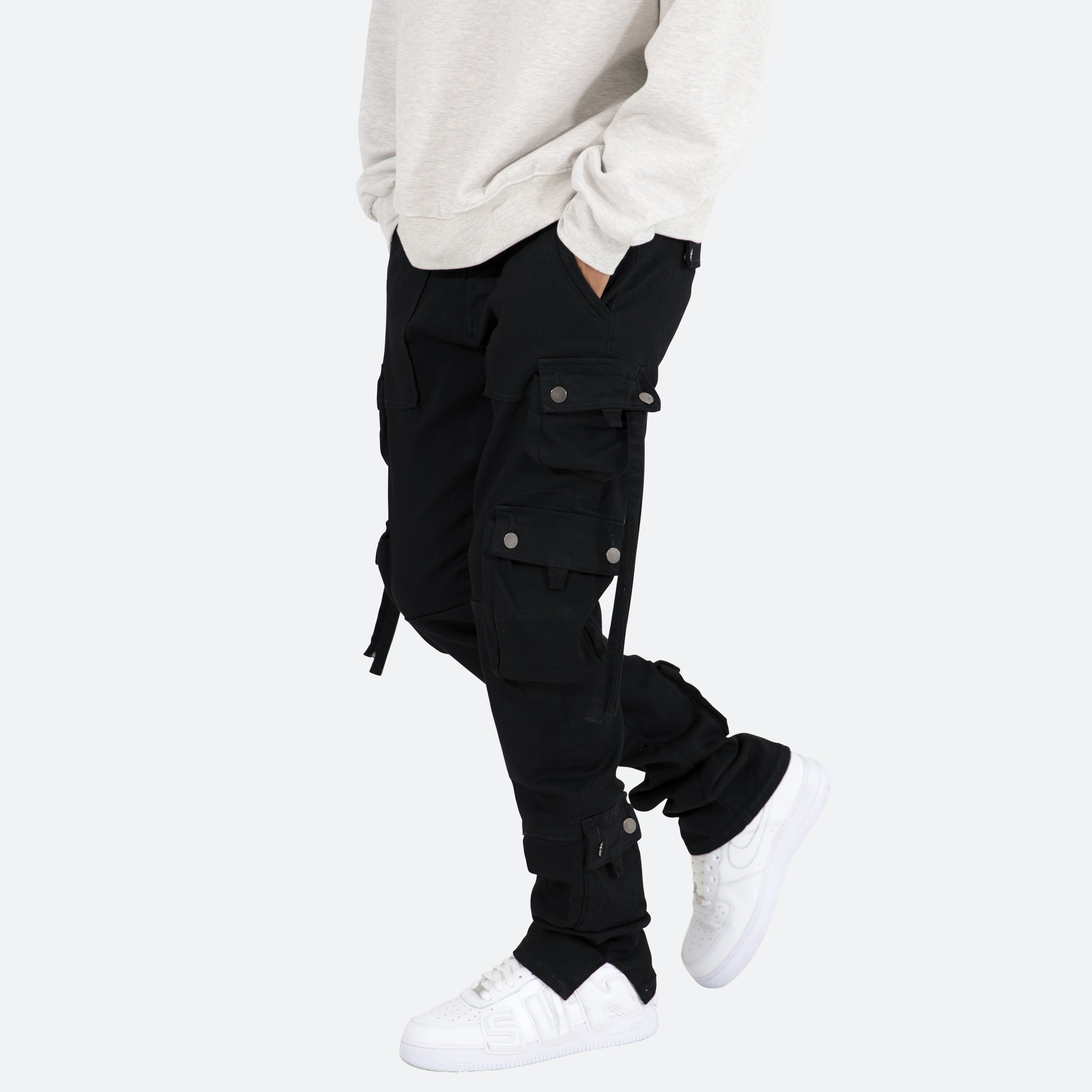 Men's Sweatpants With 6 Pockets Custom Fashion Branded Black Cotton Multi Pockets Design Split Hem Cargo Pants For Men