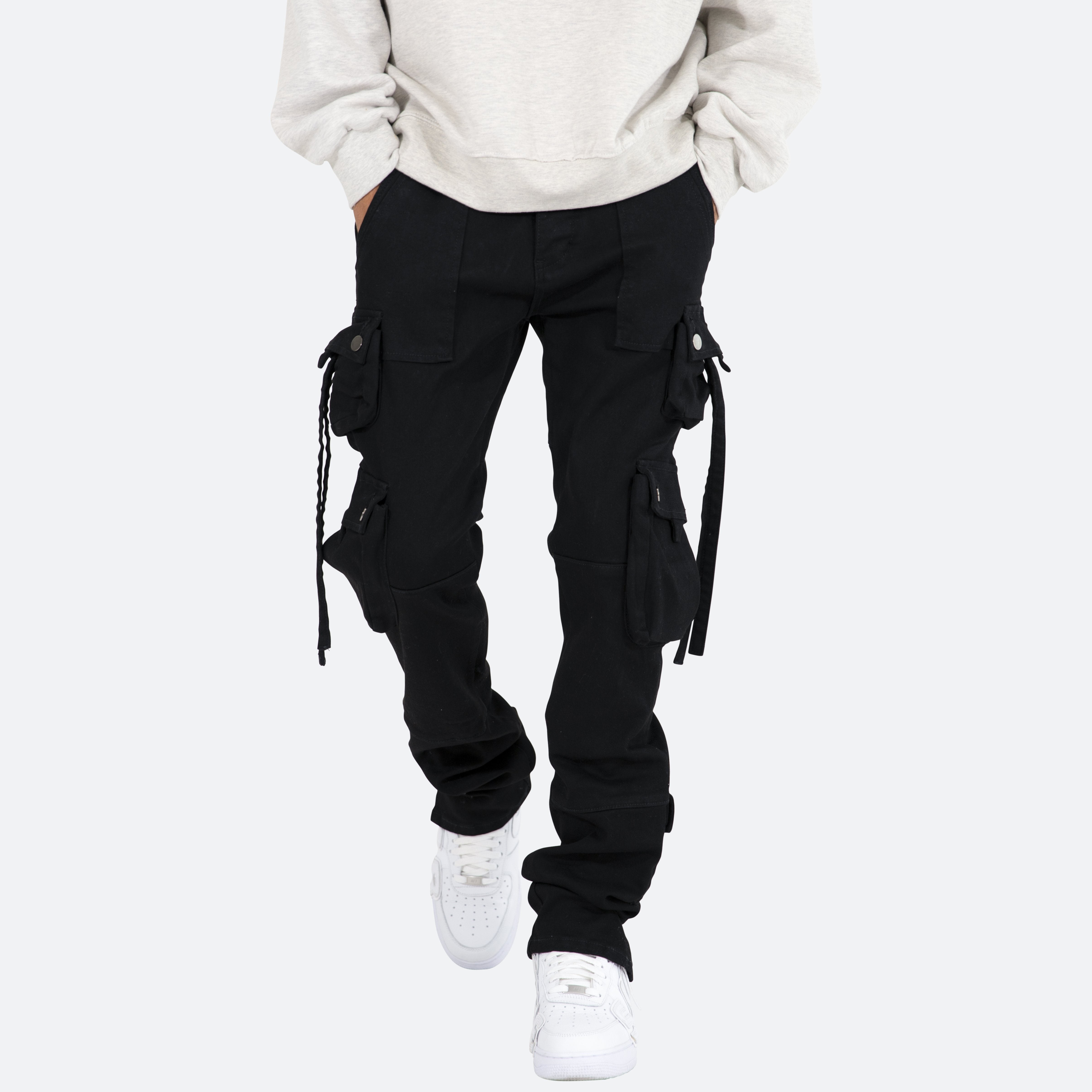 Men's Sweatpants With 6 Pockets Custom Fashion Branded Black Cotton Multi Pockets Design Split Hem Cargo Pants For Men