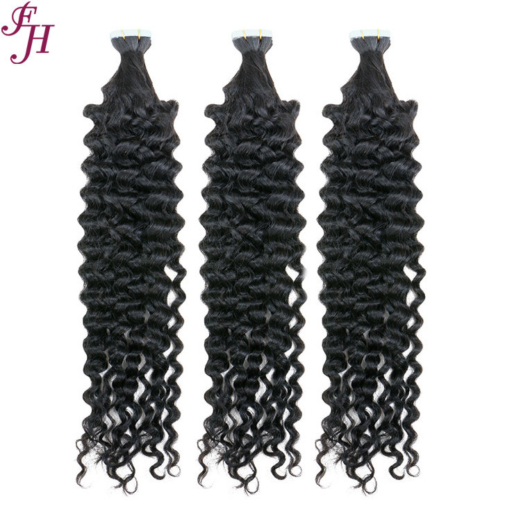 FH wholesale curly invisible tape in brazilian hair 12a grade raw virgin remy kinky curly tape ins hair extensions 100human hair