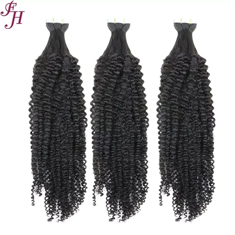 FH wholesale curly invisible tape in brazilian hair 12a grade raw virgin remy kinky curly tape ins hair extensions 100human hair