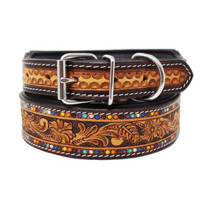 Quality Designer Full Grain Cow Leather Dog Collar Padded with Steel Buckle and D-rings