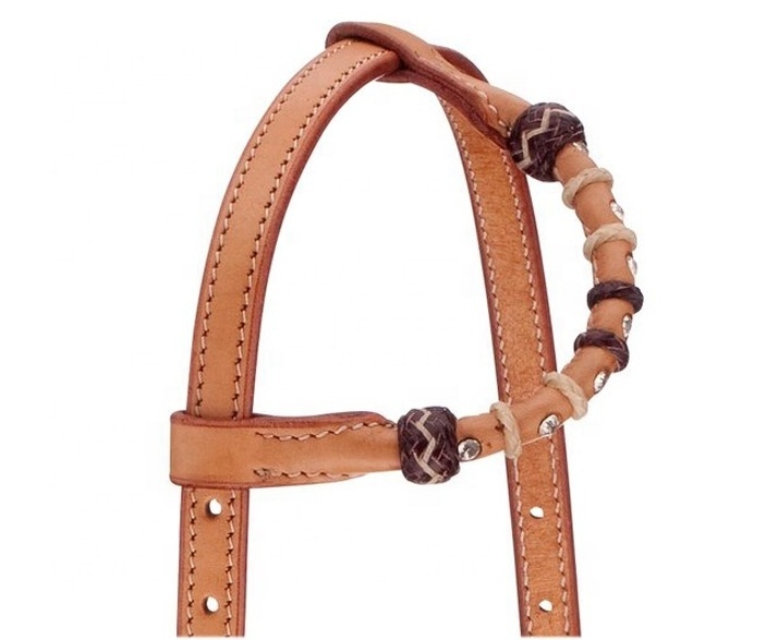 Rhinestone One Ear western headstall - Rawhide knotted - Natural Cow Harness Leather - Rolled Leather One Ear & Cheek pieces