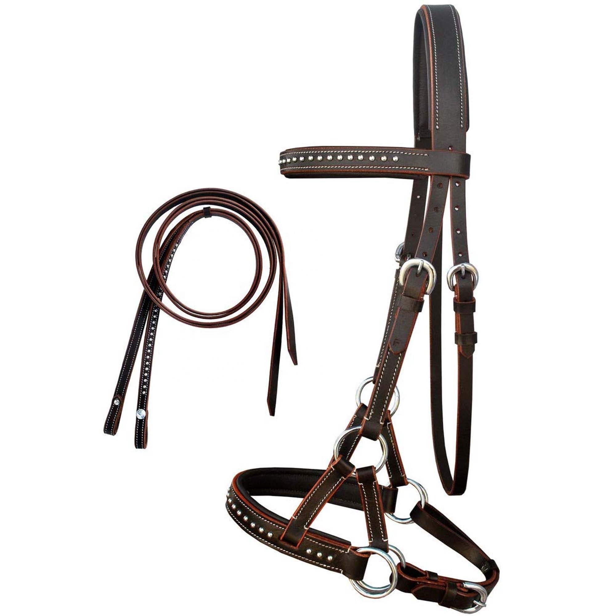 Best Quality - Western American Oily Cow Harness Leather Bitless Sidepull Leather Horse Bridle with Reins