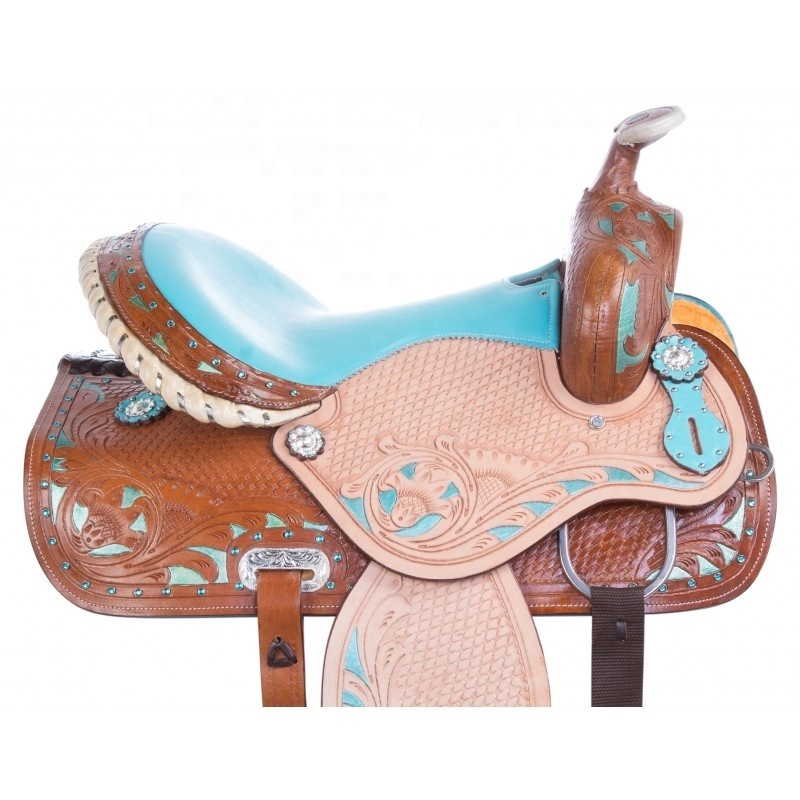 TOP TRENDING EQUESTRIAN HORSE RIDING WESTERN SHOW SADDLE WITH TURQUOISE COLOR