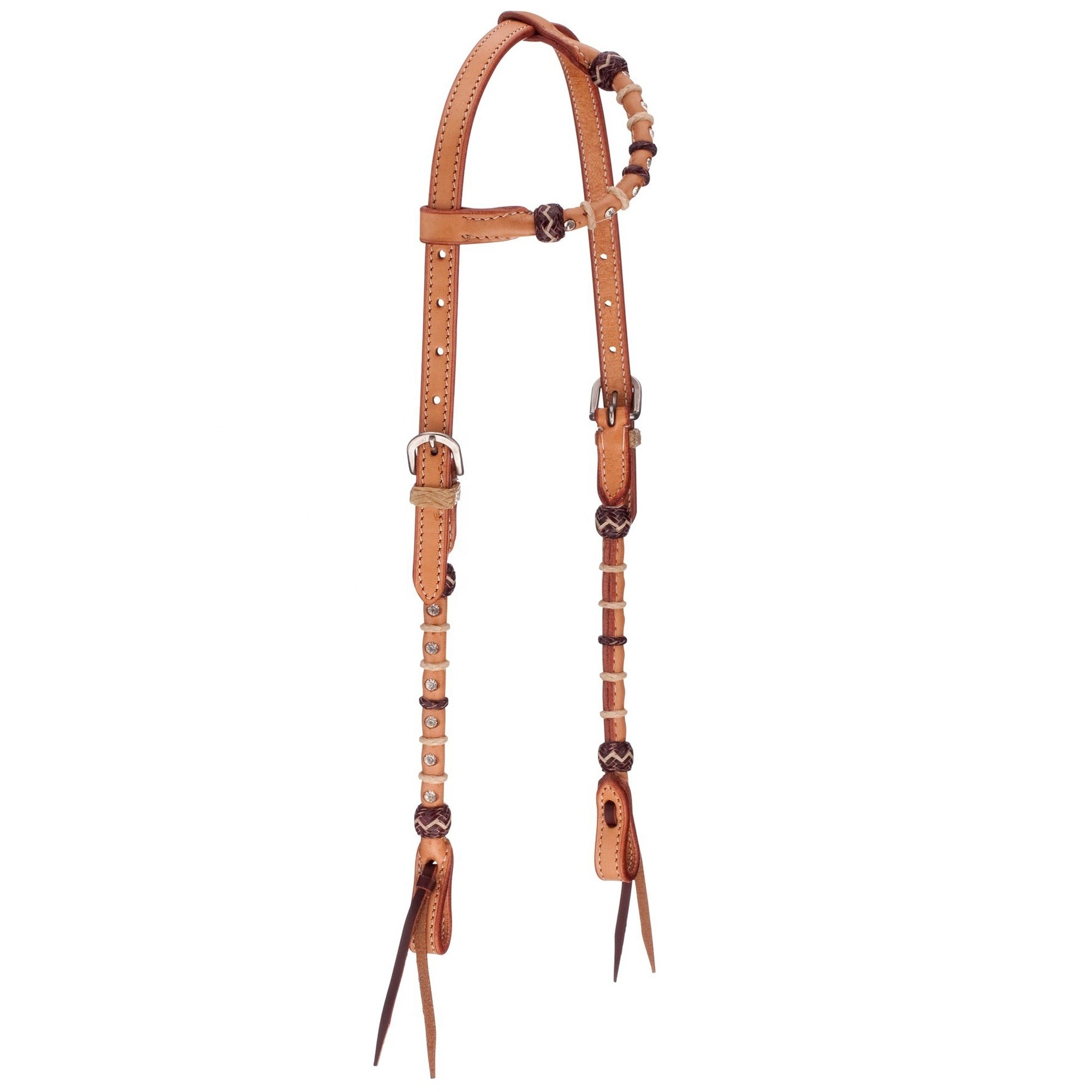 Rhinestone One Ear western headstall - Rawhide knotted - Natural Cow Harness Leather - Rolled Leather One Ear & Cheek pieces