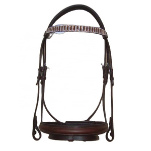 Stunning Leather Horse Dressage Bridle - Raised Padded Nose-band with flash - Mega Bling Straight Brow-band