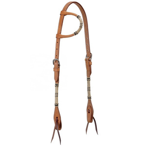 One Ear Western Bridle Headstall - Argentinian Cow Harness Leather - Rawhide Knotted - Stainless Steel Hardware