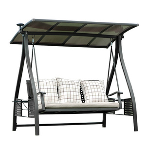 3-Seater outdoor patio steel polyester convertible canopy swings chair bench solar cast aluminum powder finish swing