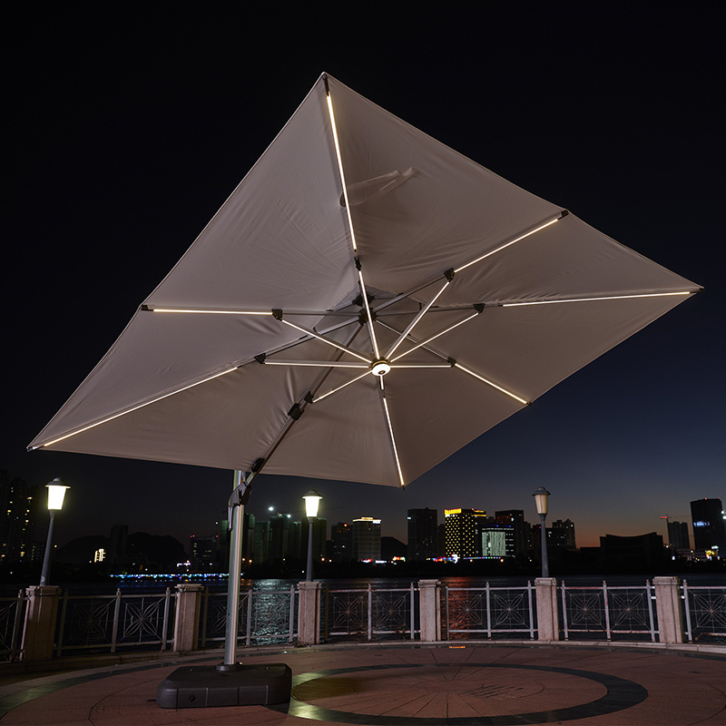 Black cream white Heavy cantilever LED solar panel outdoor event umbrella with light water tank base with wheel