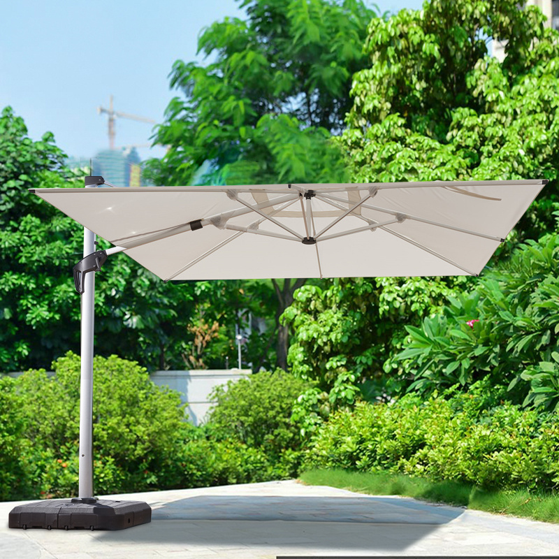 Black cream white Heavy cantilever LED solar panel outdoor event umbrella with light water tank base with wheel