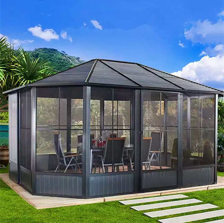 Outdoor Pergola Waterproof Aluminum Pergola Gazebo With Glass Door And Roof