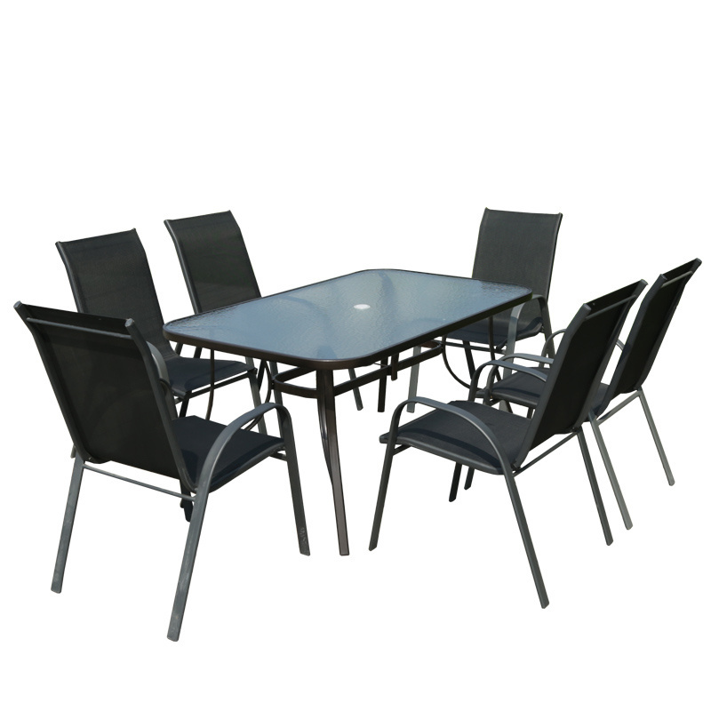 Flash Furniture Nantucket 7 Piece  Glass Table Patio Garden Set with Umbrella Table and Set of 6 Stack Chairs For Hotel,Cafe