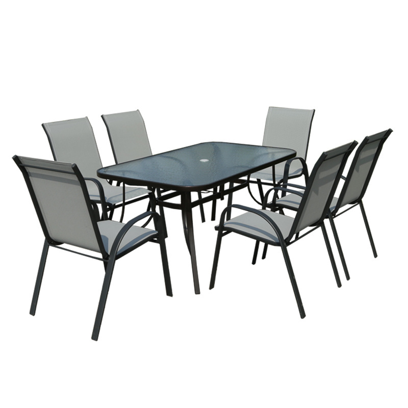 Flash Furniture Nantucket 7 Piece  Glass Table Patio Garden Set with Umbrella Table and Set of 6 Stack Chairs For Hotel,Cafe