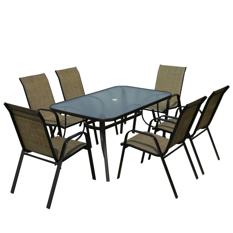 Flash Furniture Nantucket 7 Piece  Glass Table Patio Garden Set with Umbrella Table and Set of 6 Stack Chairs For Hotel,Cafe