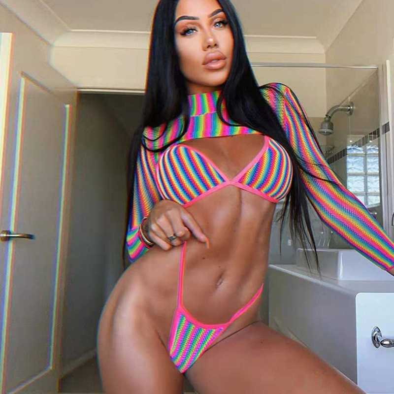 Sexy Striped Crewneck Three Piece Bikini Thong High Leg Cutout Swimwear Beachwear