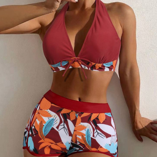 Sports Bikini 2-piece Set Sports Bra Boxer Shorts Classic Printed Beachwear Women Sexy Swimwear Floral Customized Logo