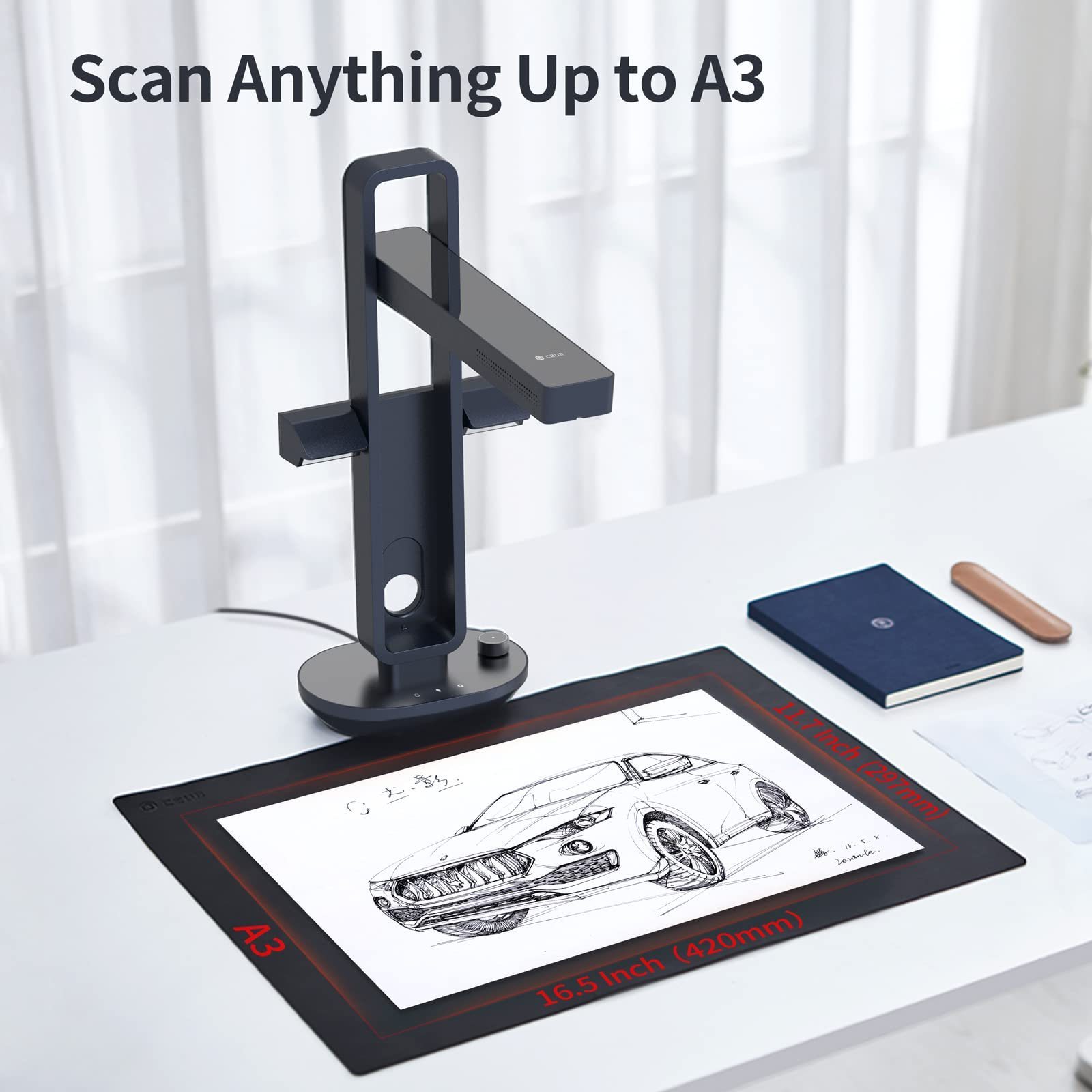 Smart Foldable & Portable3D laser Book & Document Scanner Capture A3 & A4 Auto-Flatten & Deskew Compatible with Windows & Mac OS