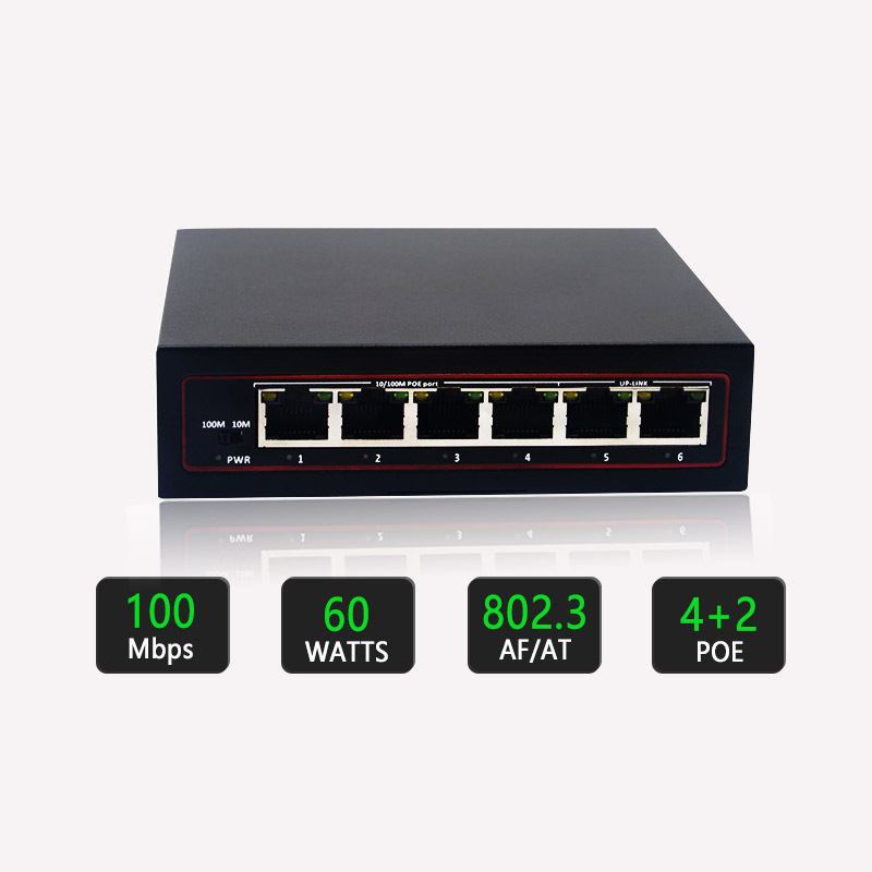 10/100Mbps 4 Port PoE with 2 Uplink Switch 48V IEEE802.3 af/at Power Over Ethernet Switch for CCTV